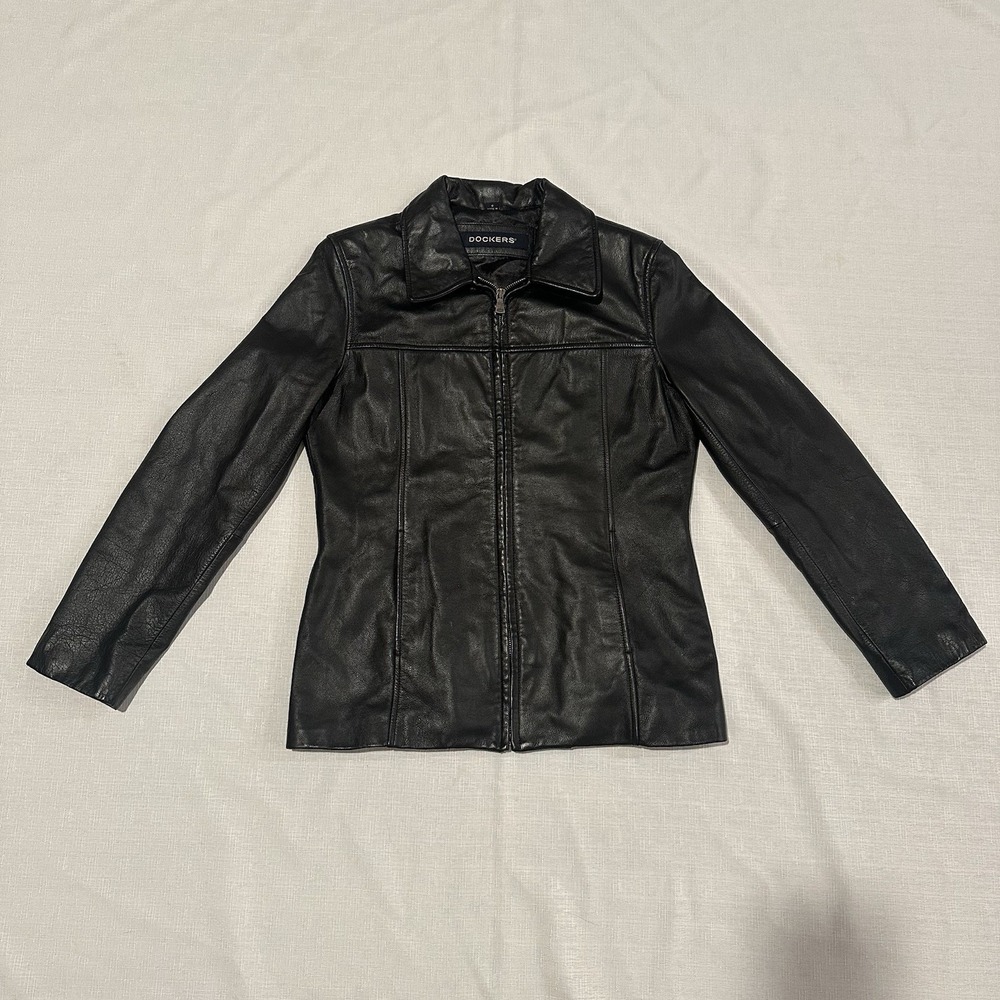 Dockers Women's Black Leather Jacket Size S Cowhide Zip Front Lined Classic